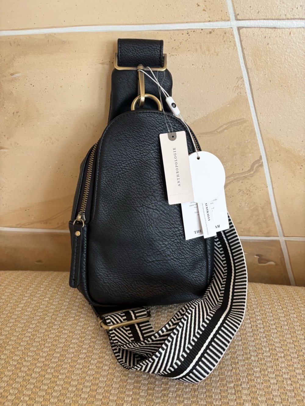Anthropologie Black Pebbled Leather Crossbody with Striped Strap